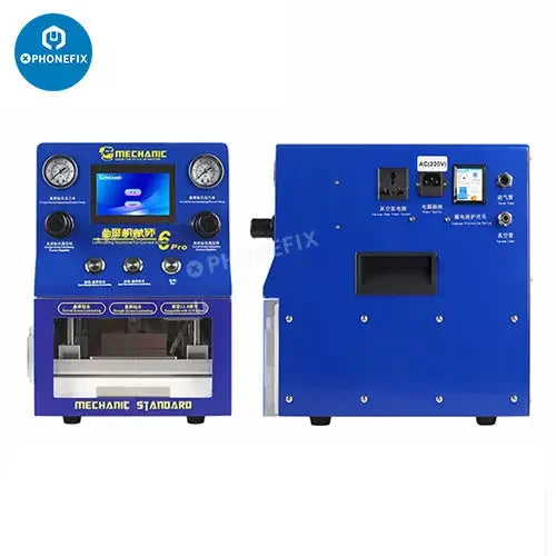 Machine de lamination sous vide et de démoussage Mechanic 6 Pro OCA pour la rénovation d'écrans par PHONEFIX, avec panneau de commande et chambre de chauffage.