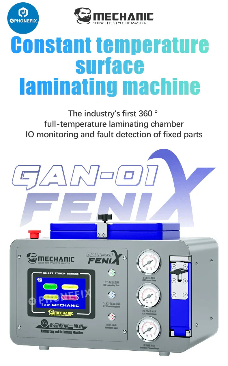 PhoneFix Mechanic GAN-01 FENIX screen refurbishing machine with lamination and defoaming features, 110V integrated repair equipment.