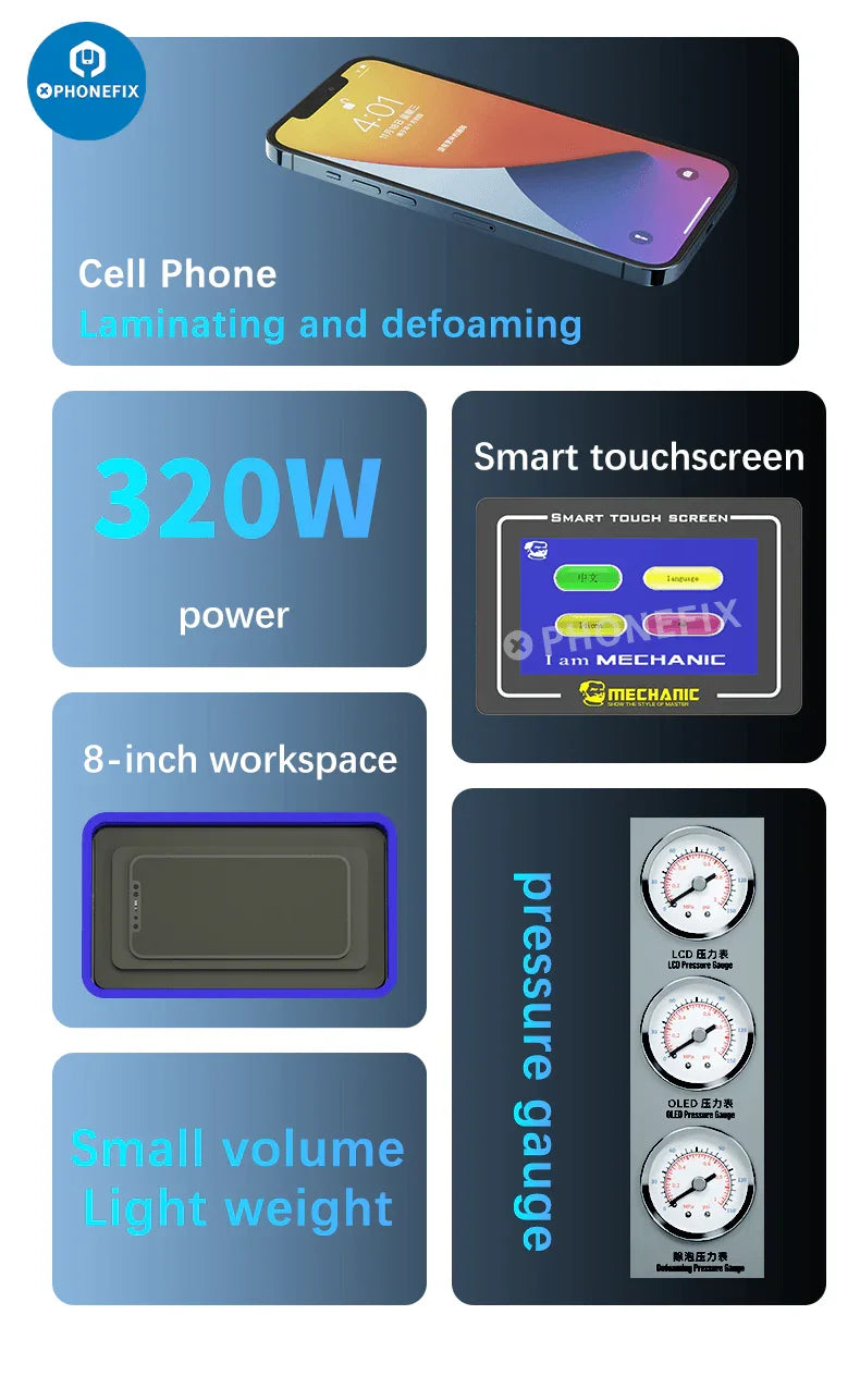 PhoneFix Mechanic GAN-01 FENIX screen refurbishing machine with lamination and defoaming functions, designed for efficient phone screen repair.