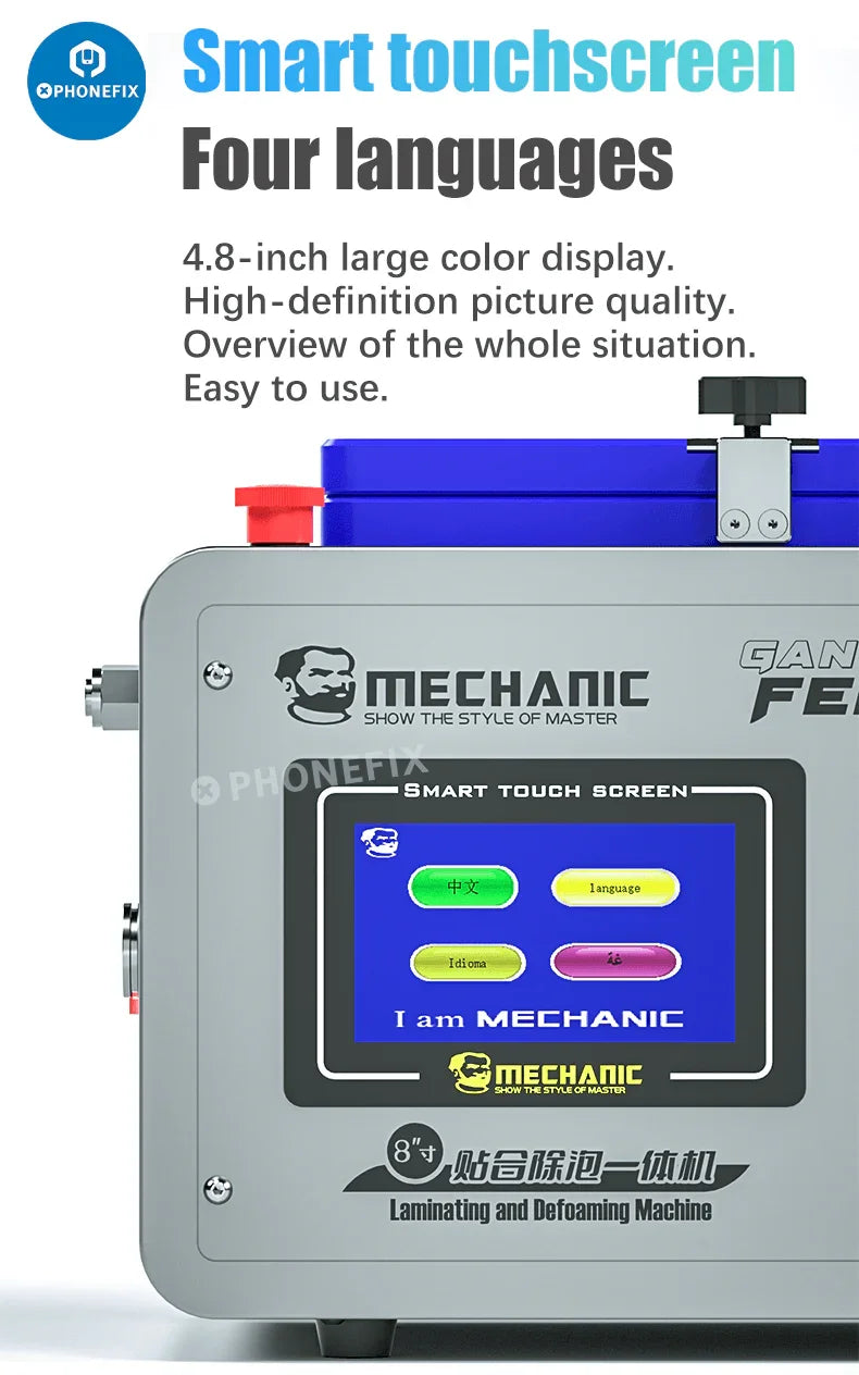PhoneFix Mechanic GAN-01 FENIX screen refurbishing machine with lamination and defoaming features, designed for phone screen repairs.