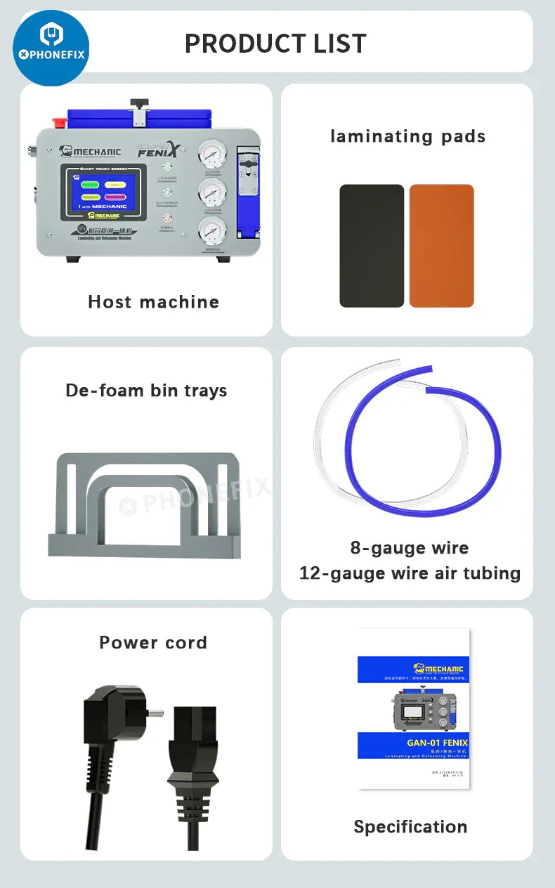 PhoneFix Mechanic GAN-01 FENIX screen refurbishing machine with lamination and defoaming features, designed for mobile phone screen repair.