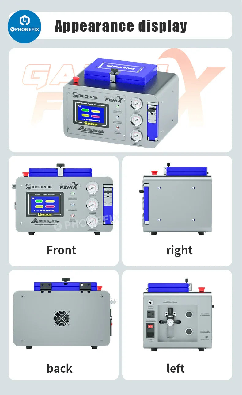 PhoneFix Mechanic GAN-01 FENIX screen refurbishing machine with lamination and defoaming features, 110V industrial repair equipment.