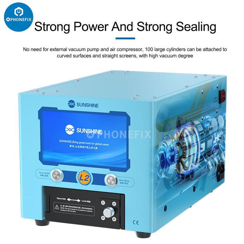 PhoneFix Sunshine L2 LCD screen refurbishing machine with LCD display and all-in-one defoaming system for phone screen repair.