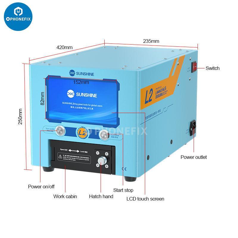 PHONEFIX Sunshine L2 intelligent LCD screen refurbishing machine with all-in-one defoaming system, 110V, featuring a digital LCD display.