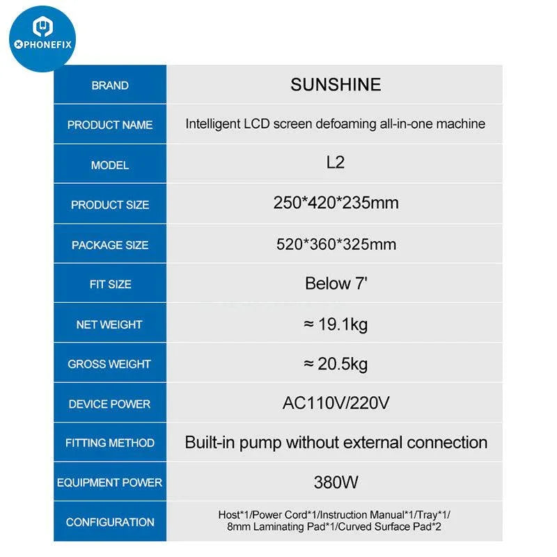 PhoneFix Sunshine L2 intelligent LCD screen refurbishing machine with LCD display and all-in-one defoaming features.