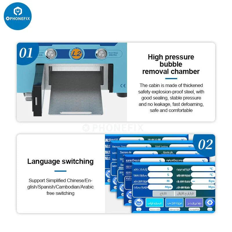PhoneFix Sunshine L2 intelligent LCD screen refurbishing machine with LCD display and all-in-one defoaming features.