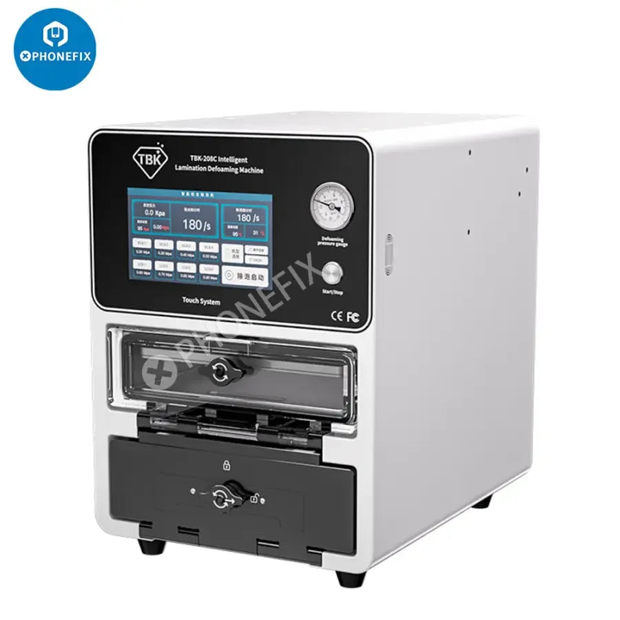 PHONEFIX TBK-208C curved screen laminating machine with bubble remover used for phone screen refurbishing.