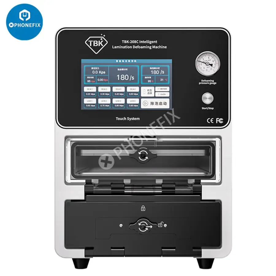 PhoneFix TBK-208C curved screen laminating machine with bubble remover for phone screen refurbishing, 110V, compact design.