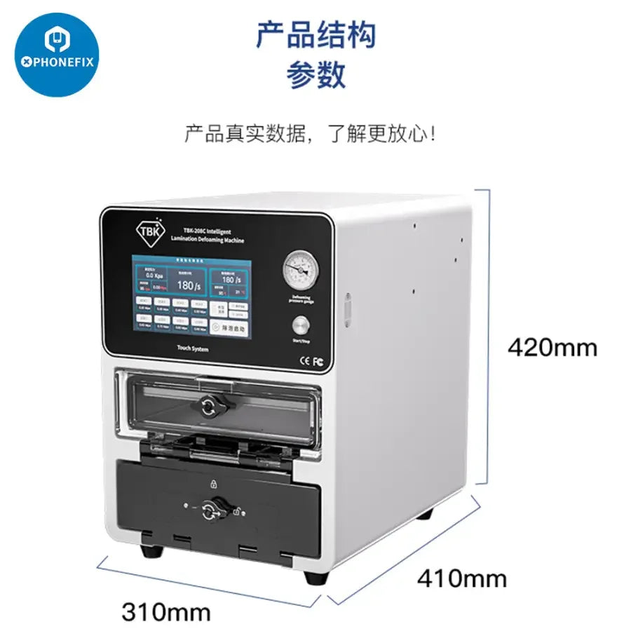 PhoneFix TBK-208C curved screen laminating machine with bubble remover for screen refurbishing, shown with controls and curved screen.
