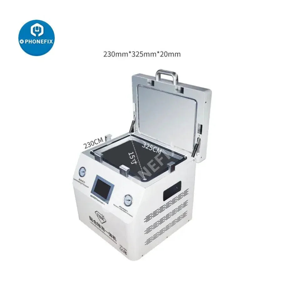 PhoneFix TBK-308A 15-inch OCA vacuum laminating remover bubble machine for screen refurbishing, with clear view of the device and controls.