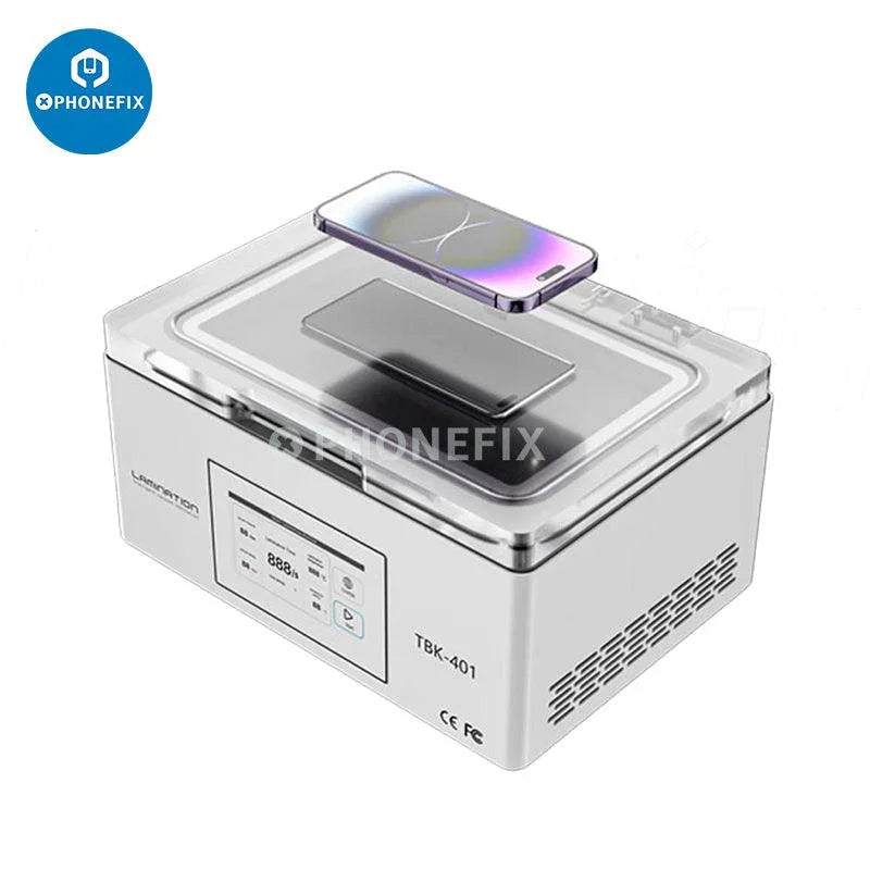 PhoneFix TBK 401 LCD vacuum laminating machine for flat and curved screens, used for phone screen refurbishment.