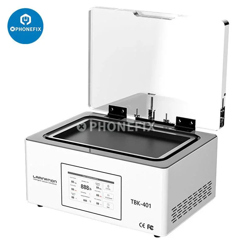 PhoneFix TBK 401 LCD vacuum laminating machine for flat and curved screens, used for phone screen refurbishing and repair.