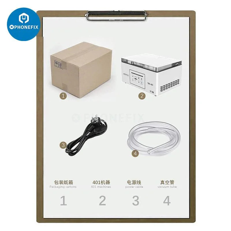 PHONEFIX TBK 401 LCD vacuum laminating machine for flat and curved screens, used for phone screen refurbishing.