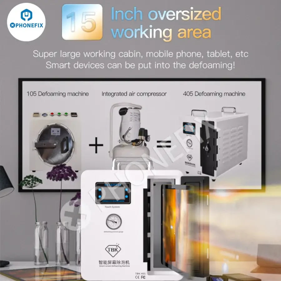 PhoneFix TBK-405 15-inch smart screen defoaming bubble remover machine for screen refurbishing, with control panel and cleaning chamber.