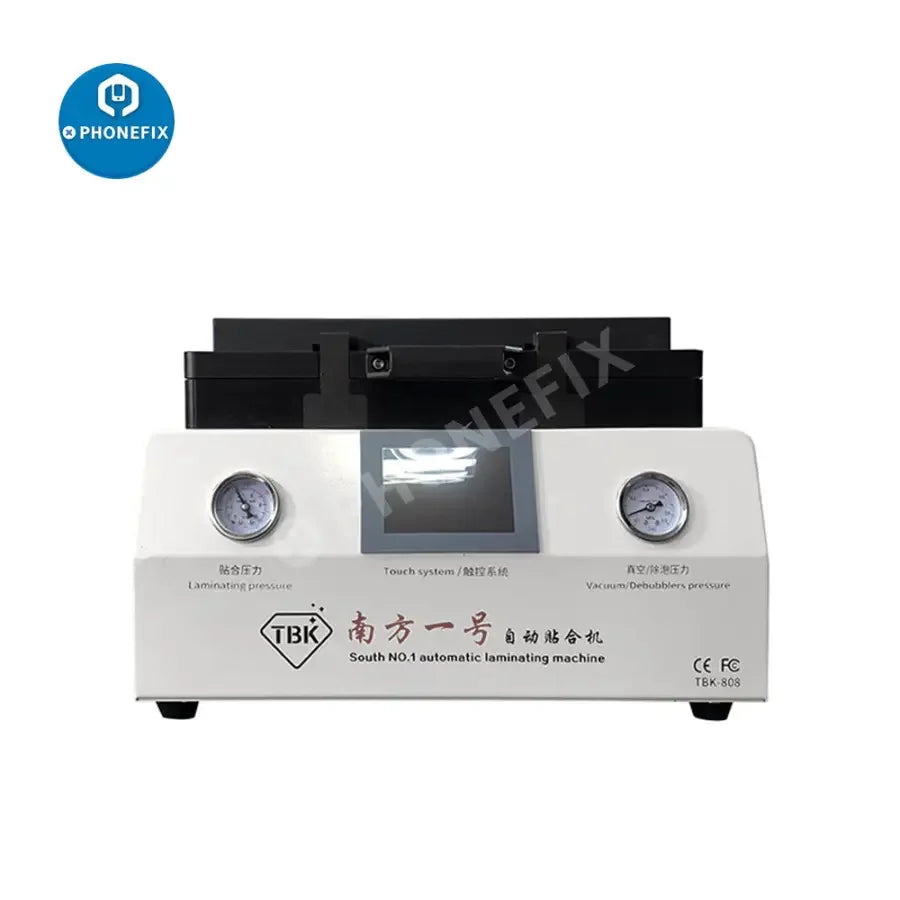 PHONEFIX TBK-808 automatic laminating machine for screen refurbishing, featuring vacuum and bubble removal capabilities.