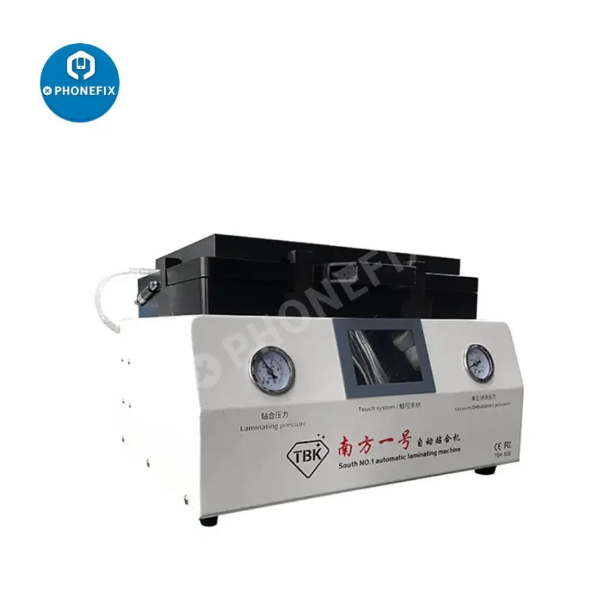 PhoneFix TBK-808 automatic laminating machine for screen refurbishing, with vacuum and bubble removal features in a compact design.