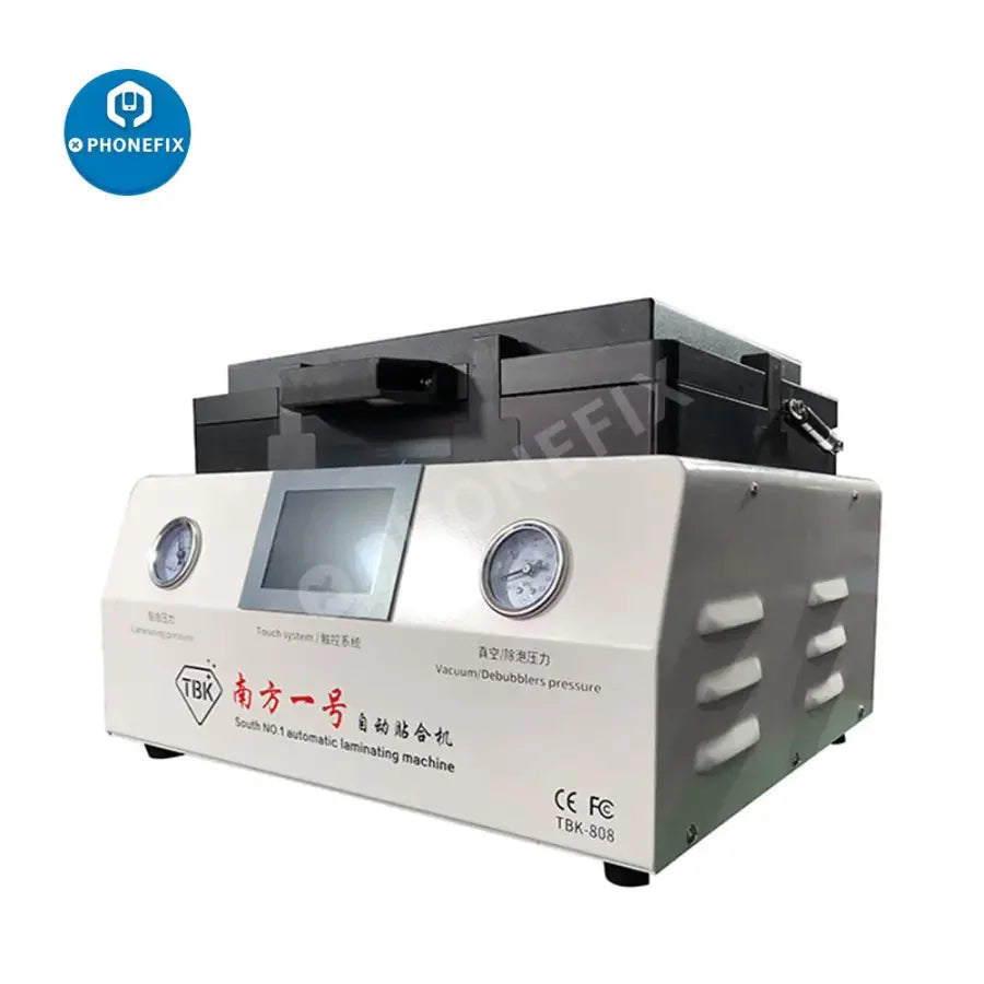 PhoneFix TBK-808 automatic laminating machine for screen refurbishing, featuring vacuum lamination and bubble removal.