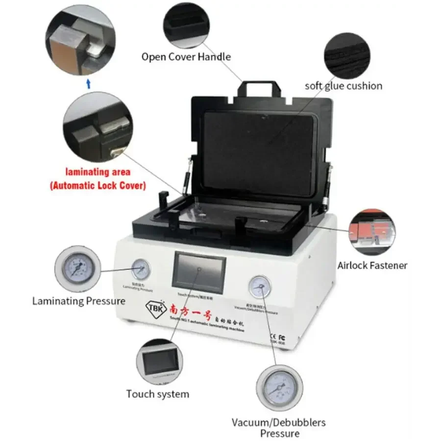 Phonefix TBK-808 automatic laminating machine for screen refurbishing, vacuum lamination and bubble removal in operation.