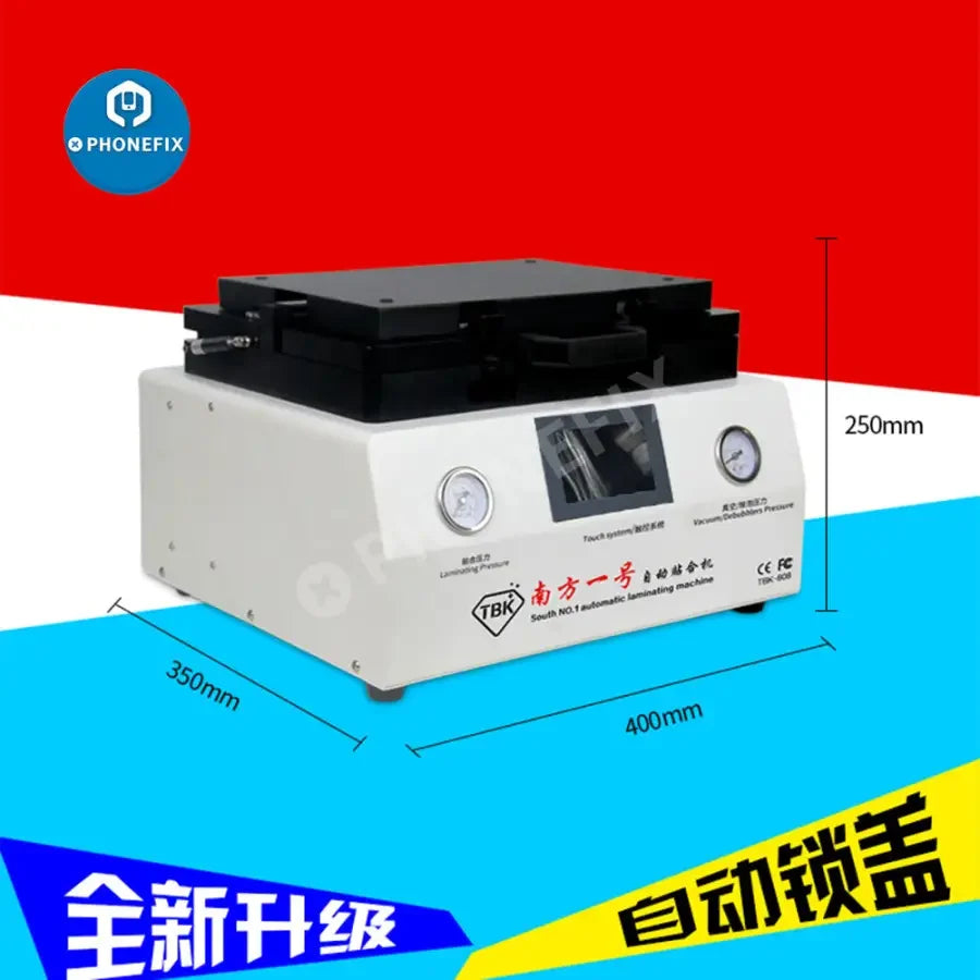 PhoneFix TBK-808 automatic laminating machine for screen refurbishing, featuring vacuum lamination and bubble removal.