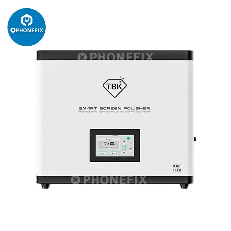 PHONEFIX TBK 938F auto screen grinding and polishing machine for scratch removal, used for refurbishing phone screens.