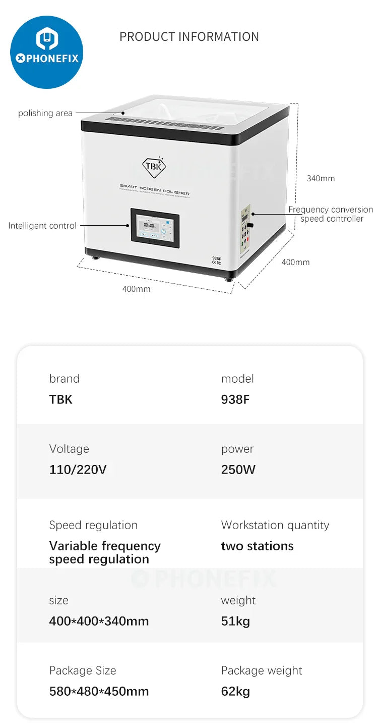 PHONEFIX TBK 938F auto screen grinding and polishing machine for scratch removal on phone screens, screen refurbishing tool.