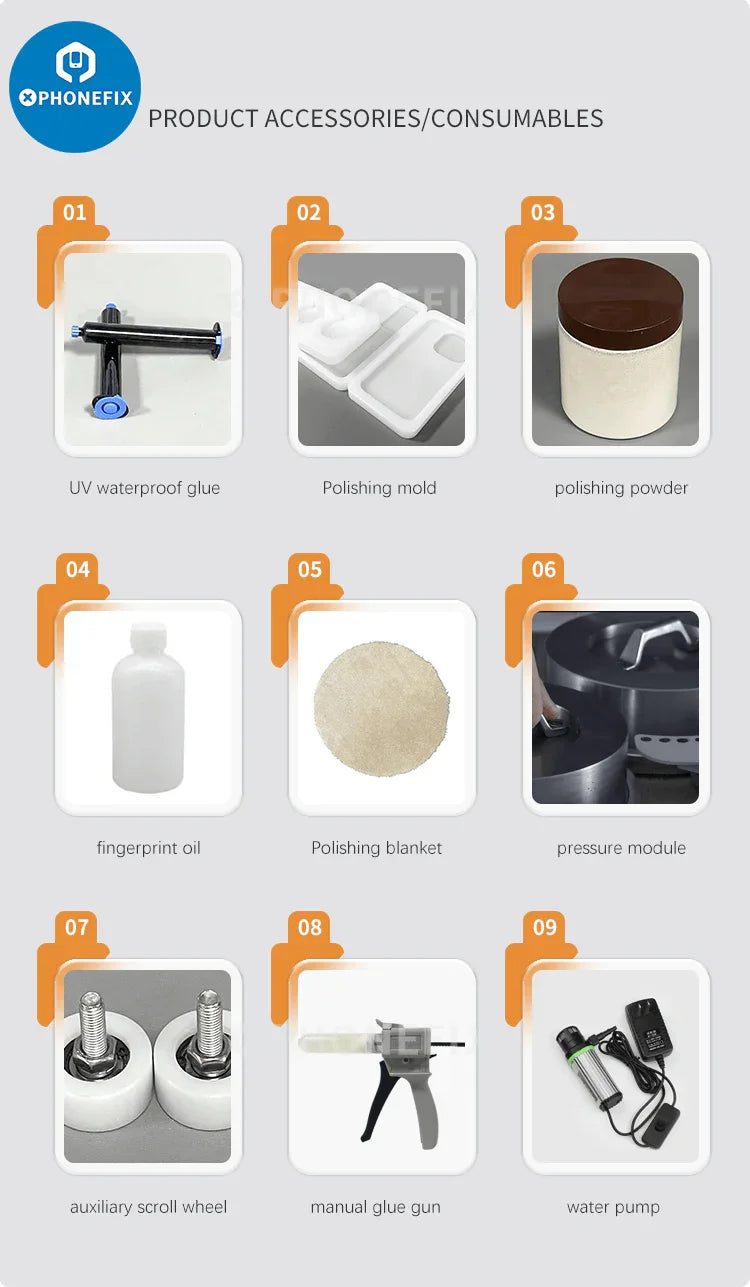 PHONEFIX TBK 938F auto screen grinding and polishing machine for scratch removal, used for refurbishing phone screens.