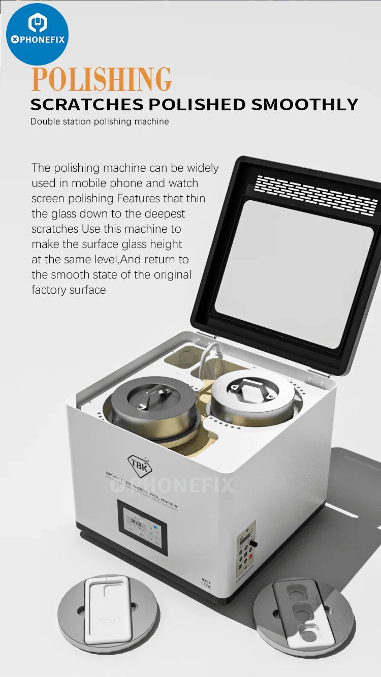PHONEFIX TBK 938F auto screen grinding and polishing machine for phone screen scratch removal, refurbishing, and finishing.