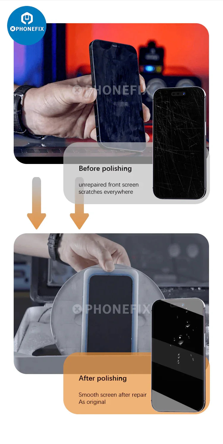 PhoneFix TBK 938F auto screen grinding and polishing machine for scratch removal on phone screens.