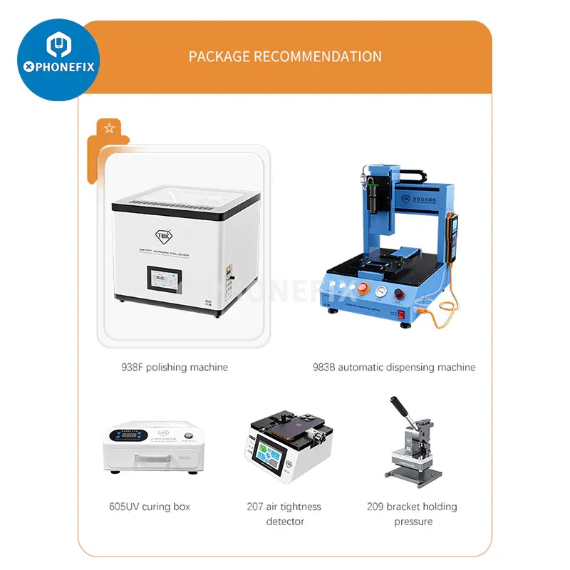 PHONEFIX TBK 938F auto screen grinding polishing machine for scratch removal, used for refurbishing phone screens.