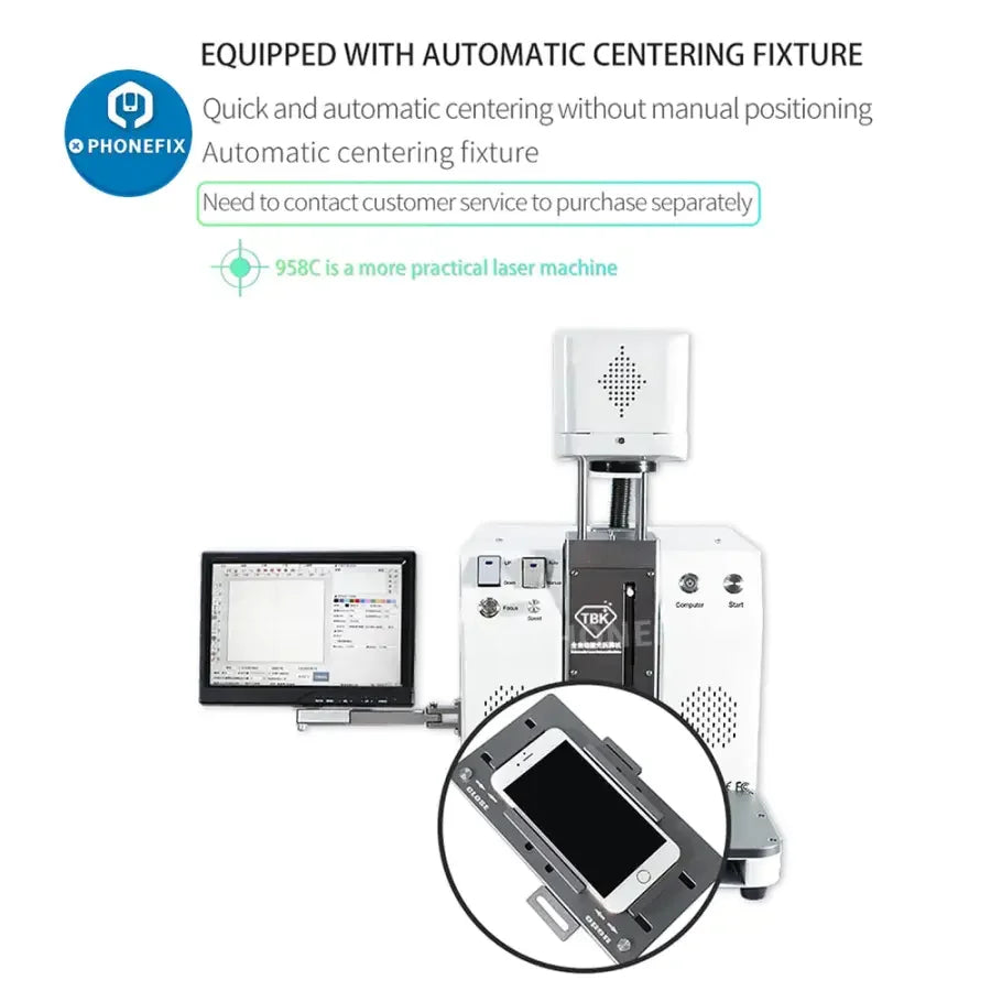 PHONEFIX TBK-958C automatic back glass housing separator with laser removal for screen refurbishing, shown in operation.