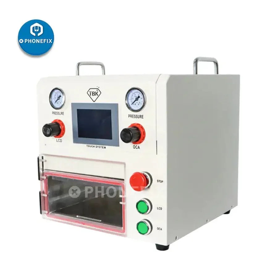 PhoneFix TBK108P Edge LCD Screen Laminating Machine with bubble remover, used for refurbishing smartphone screens.