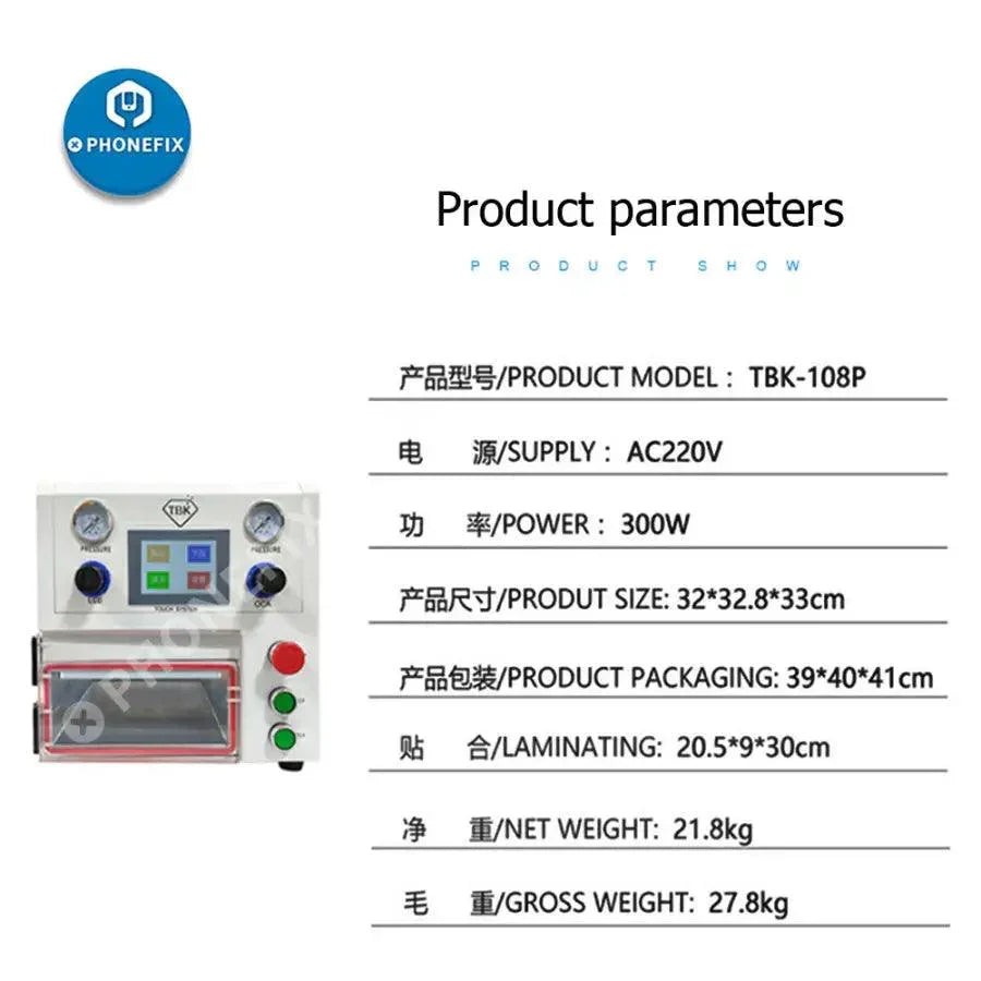 TBK108P Edge LCD Screen Laminating Machine by PHONEFIX, LCD bubble remover and screen refurbishing device in use.
