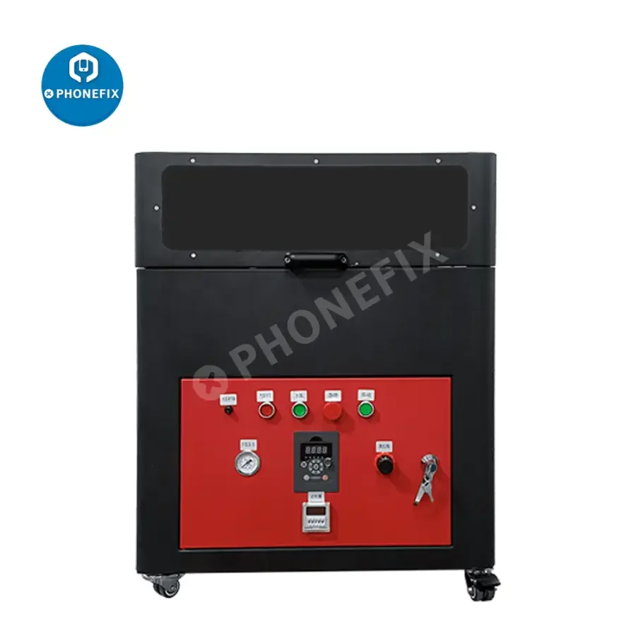 PHONEFIX TBK938 screen grinding polishing machine for removing LCD scratches on smartphones, showing the device in use.