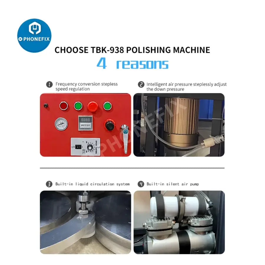 PhoneFix TBK938 screen grinding and polishing machine for removing LCD scratches on smartphones, used for screen refurbishing.