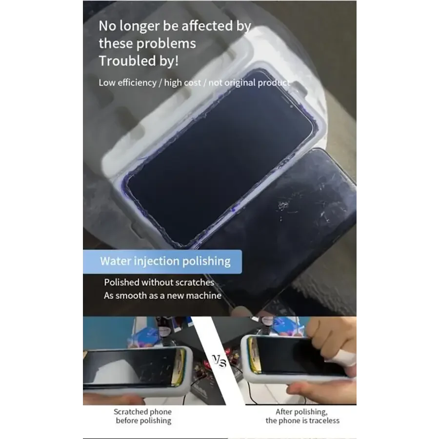 PHONEFIX TBK938 screen grinding and polishing machine removing LCD scratches from mobile phone screens.