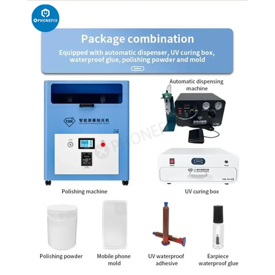 PHONEFIX TBK938 screen grinding and polishing machine for removing LCD scratches from smartphones and electronic screens.