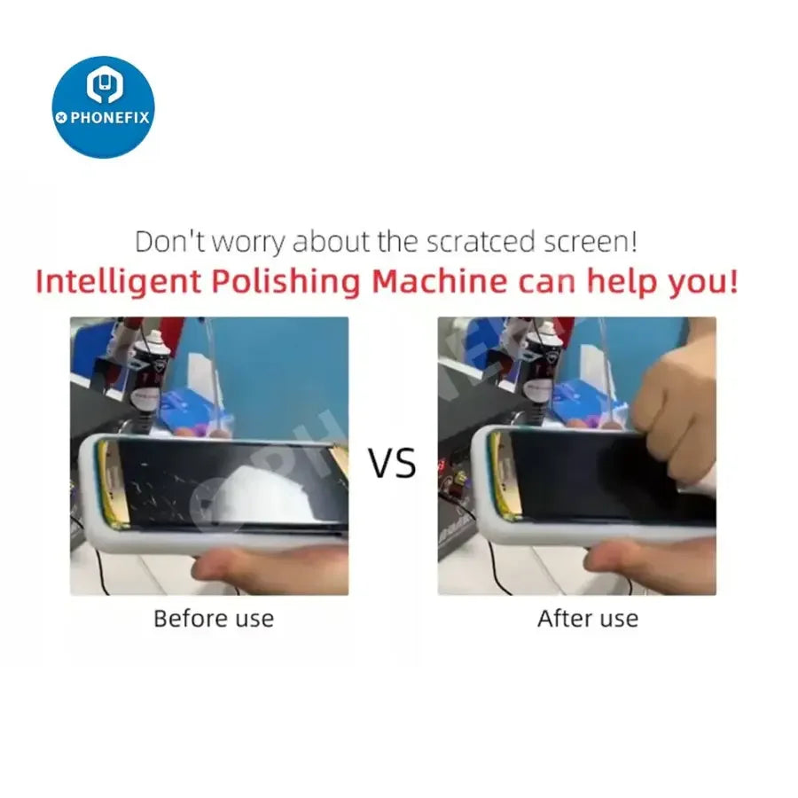 PHONEFIX TBK938M Mini Polishing Machine for removing phone screen scratches, compact screen refurbishing device in action.