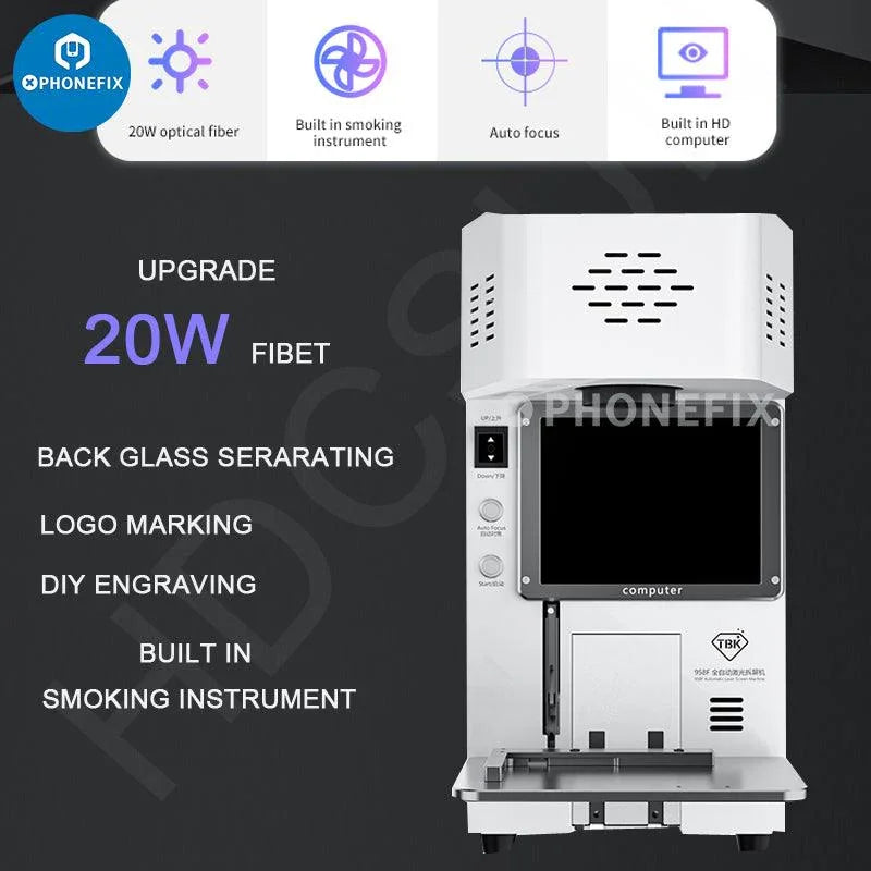PHONEFIX 20W TBK-958F auto laser machine for iPhone back glass removal, used in screen refurbishing processes.