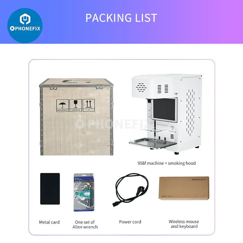 Phonefix 20W TBK-958F auto laser machine for iPhone back glass removal, used in screen refurbishing and repair.