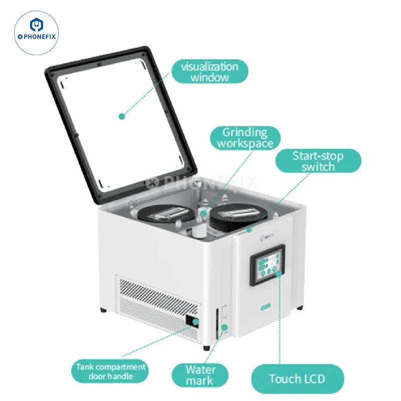 REFOX AP32 screen refurbishing machine by PHONEFIX with LCD screen, used for scratch repair and polishing.