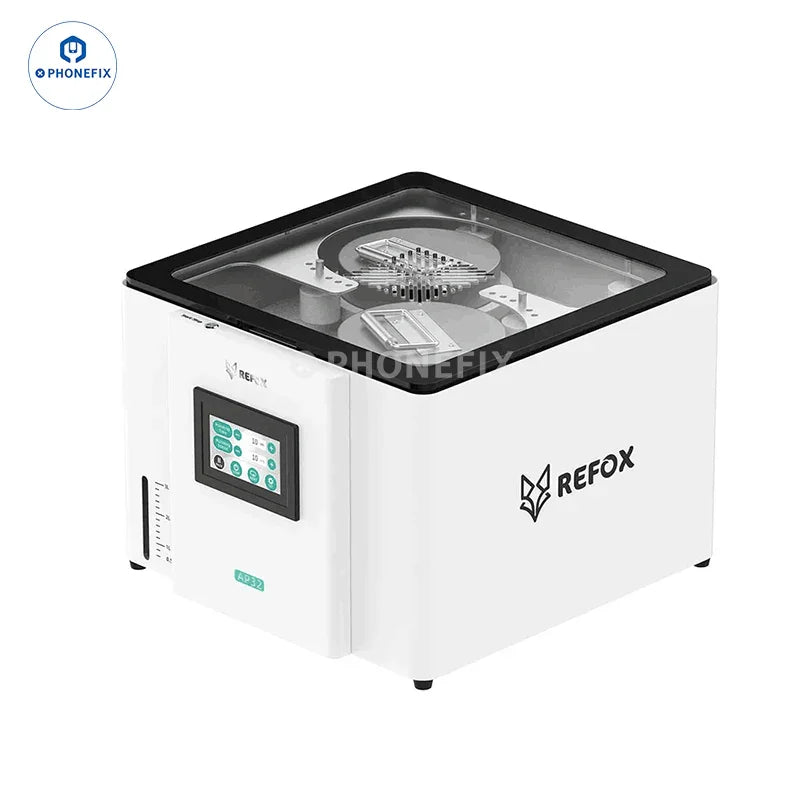 PHONEFIX REFOX AP32 screen refurbishing machine with LCD screen, used for grinding, polishing, and scratch repair.