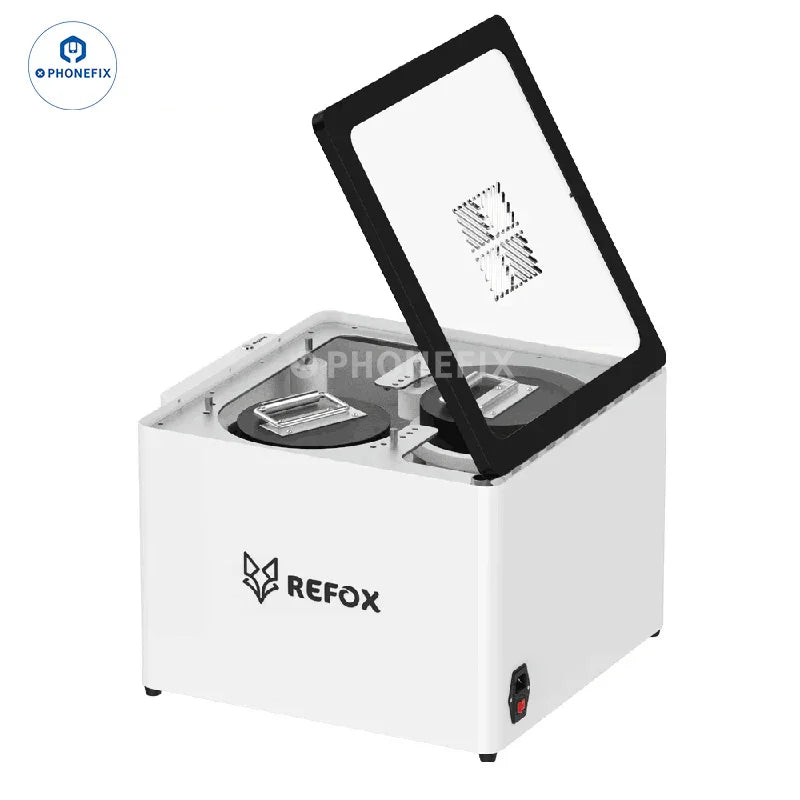REFOX AP32 screen refurbishing machine with LCD screen for scratch repair, used for polishing and restoring phone screens.