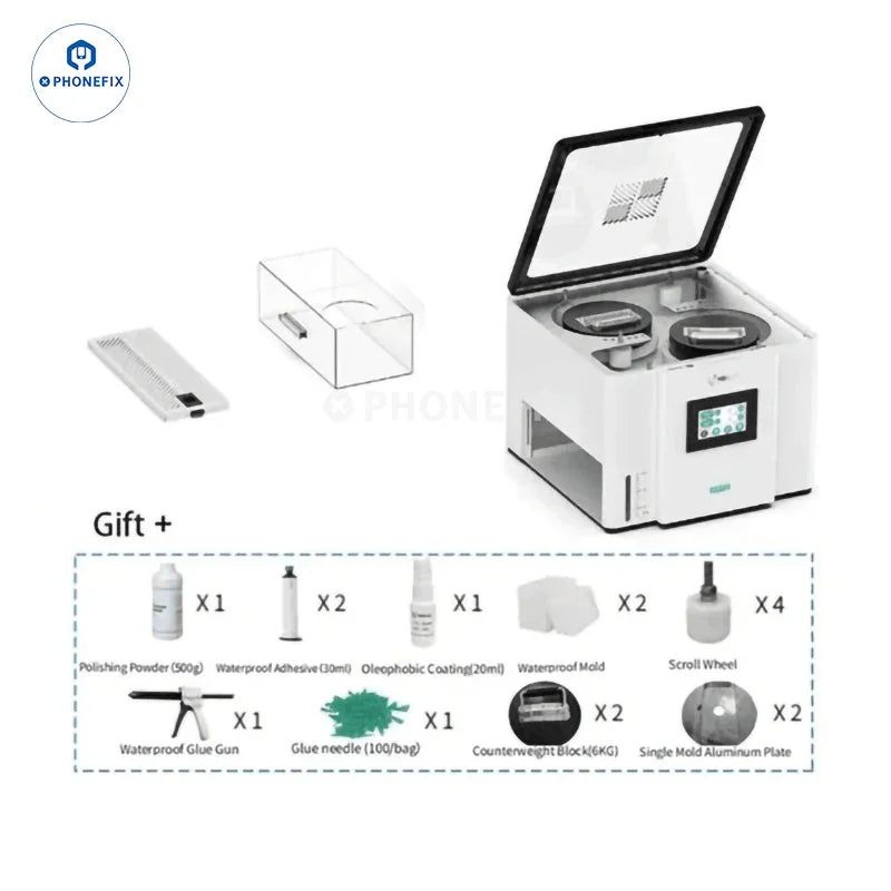 REFOX AP32 screen refurbishing machine with LCD display for polishing and scratch repair, used for phone screen restoration.