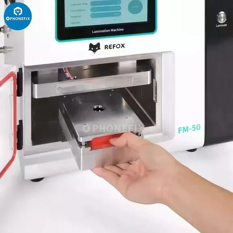 PHONEFIX REFOX FM-50 12.9-inch screen laminating bubble removal machine for phone screen refurbishing, with US plug visible.