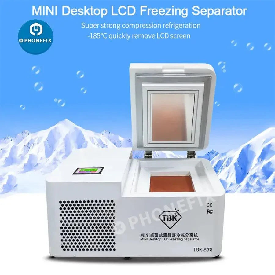 PhoneFix TBK-578 Mini Desktop LCD Laminating and Separating Machine for screen refurbishing, shown in a compact workspace setting.