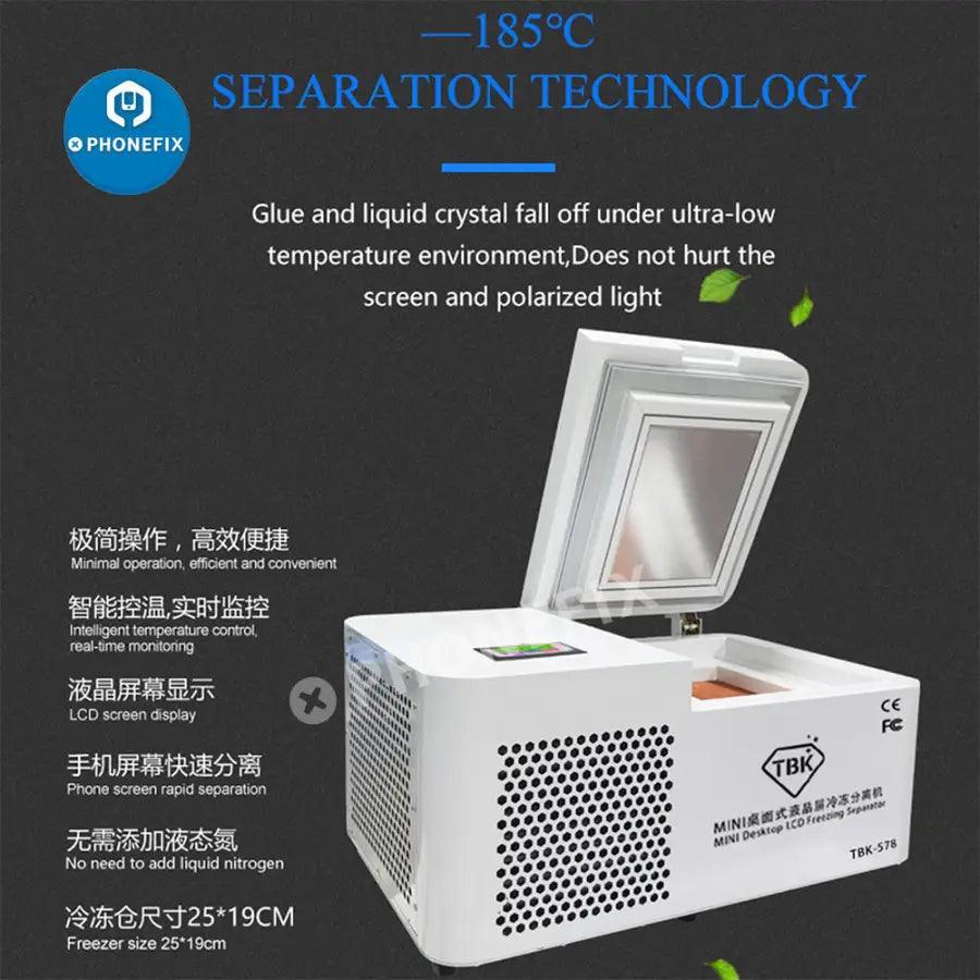 PHONEFIX Original TBK-578 Mini Desktop LCD Laminating and Separating Machine for screen refurbishing, compact and efficient.
