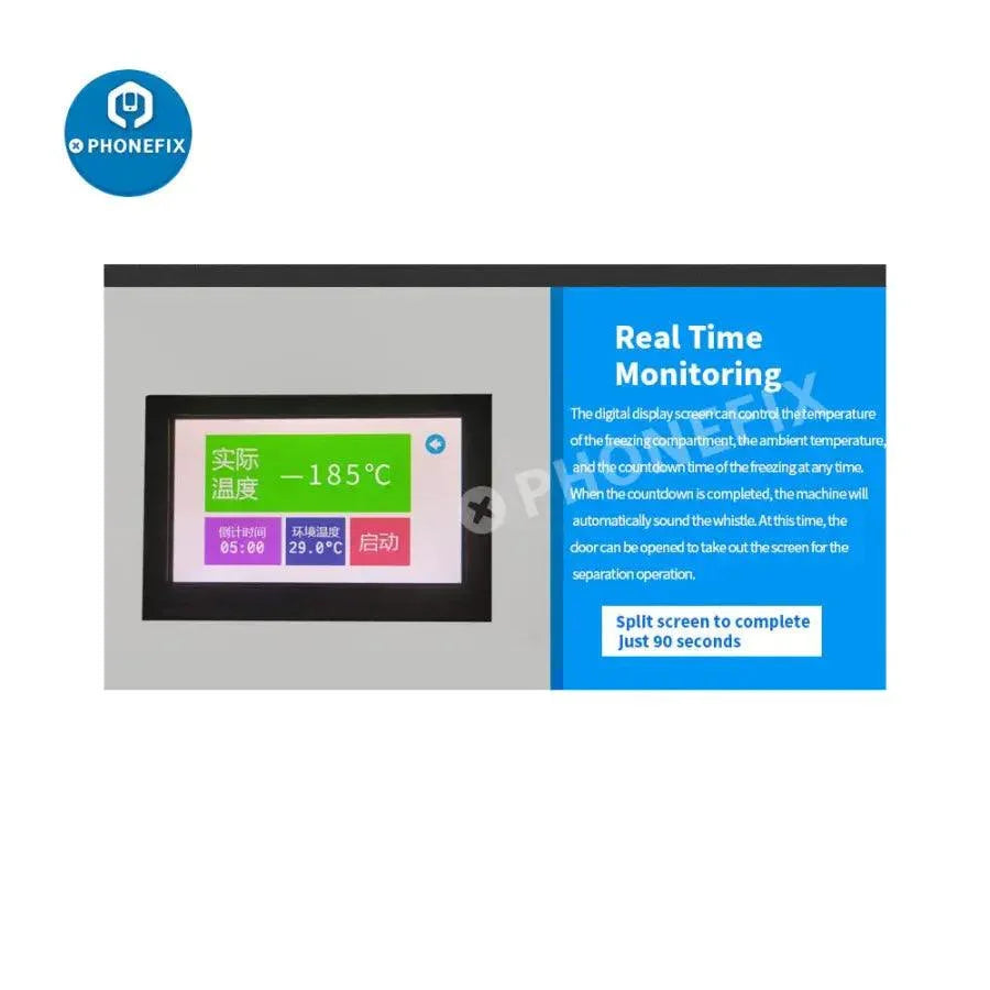 PhoneFix TBK-578 Mini Desktop LCD Laminating and Separating Machine for screen refurbishing, shown on a workbench with controls visible