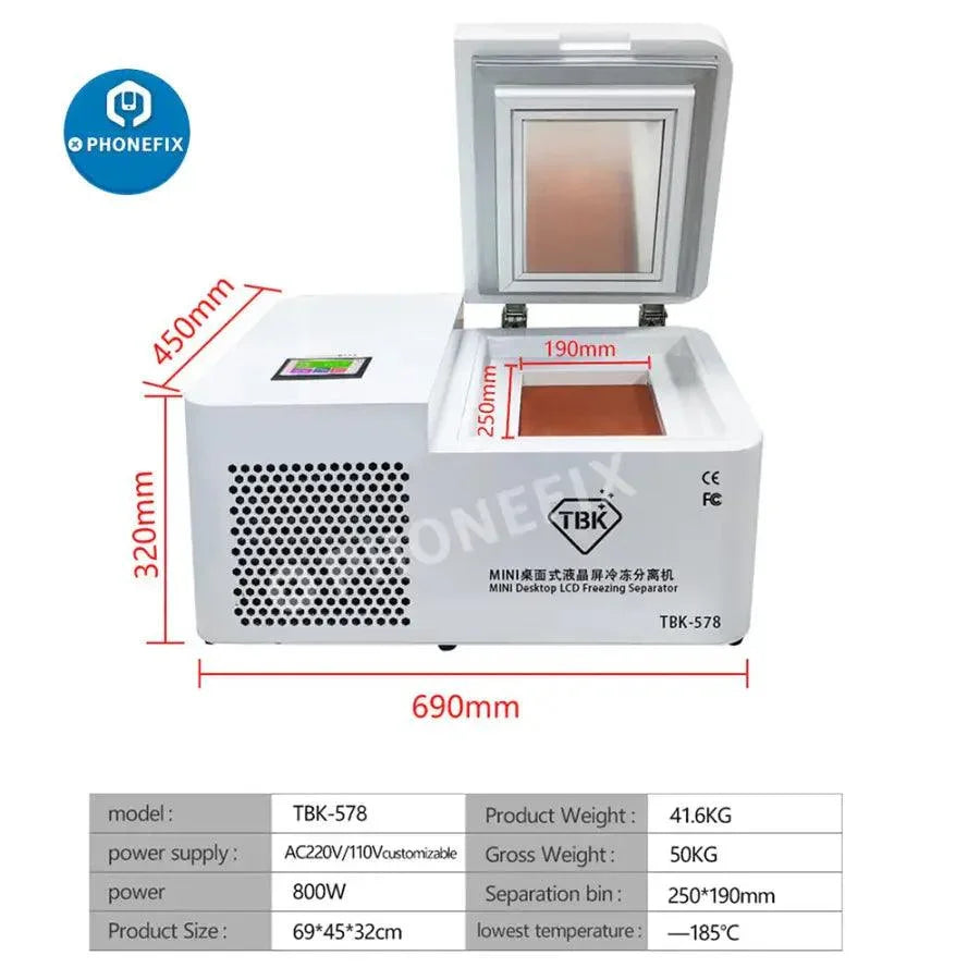PhoneFix TBK-578 Mini Desktop LCD Laminating and Separating Machine for screen refurbishing, with LCD display and compact design.