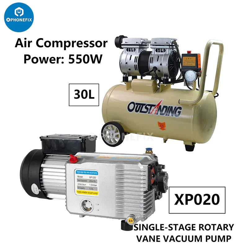 PhoneFix 30L air compressor and vacuum pump for LCD laminator repair, used in screen refurbishing machines.