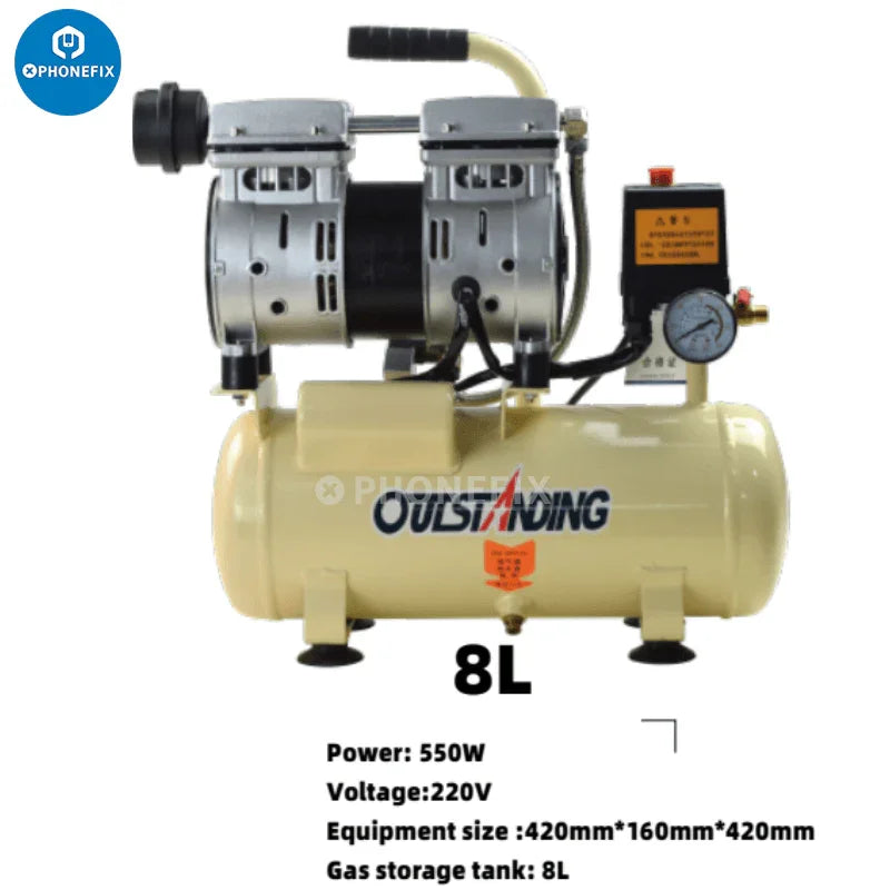 PhoneFix 30L air compressor and vacuum pump for LCD laminator repair, used in screen refurbishing machines.